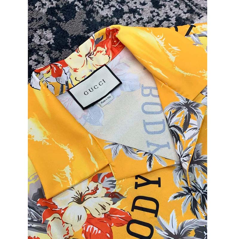 G*u*i gg women printed cotton bowling shirt yellow red poplin short sleeves