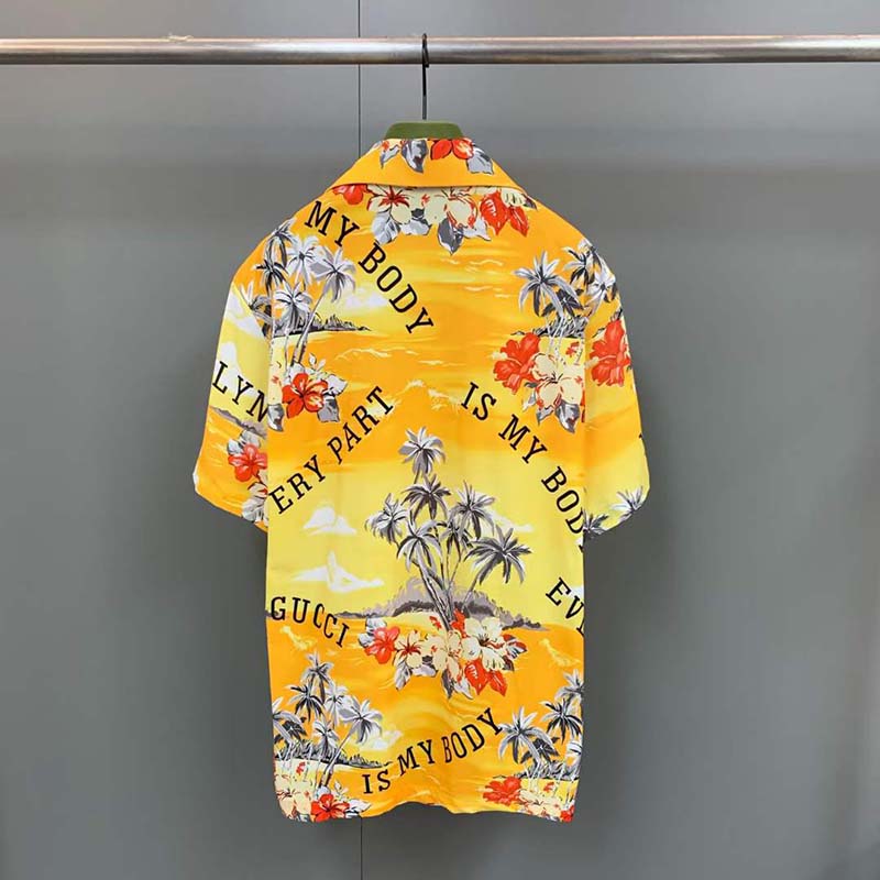 G*u*i gg women printed cotton bowling shirt yellow red poplin short sleeves