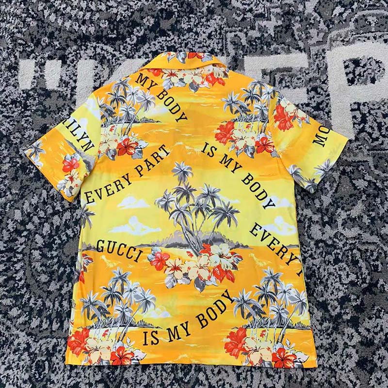 G*u*i gg women printed cotton bowling shirt yellow red poplin short sleeves