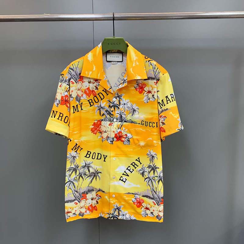 G*u*i gg women printed cotton bowling shirt yellow red poplin short sleeves