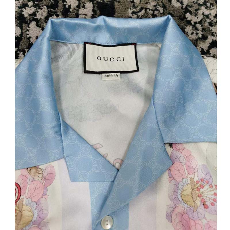 G*u*i gg men tiger bowling shirt flower print ivory silk crepe loose fit