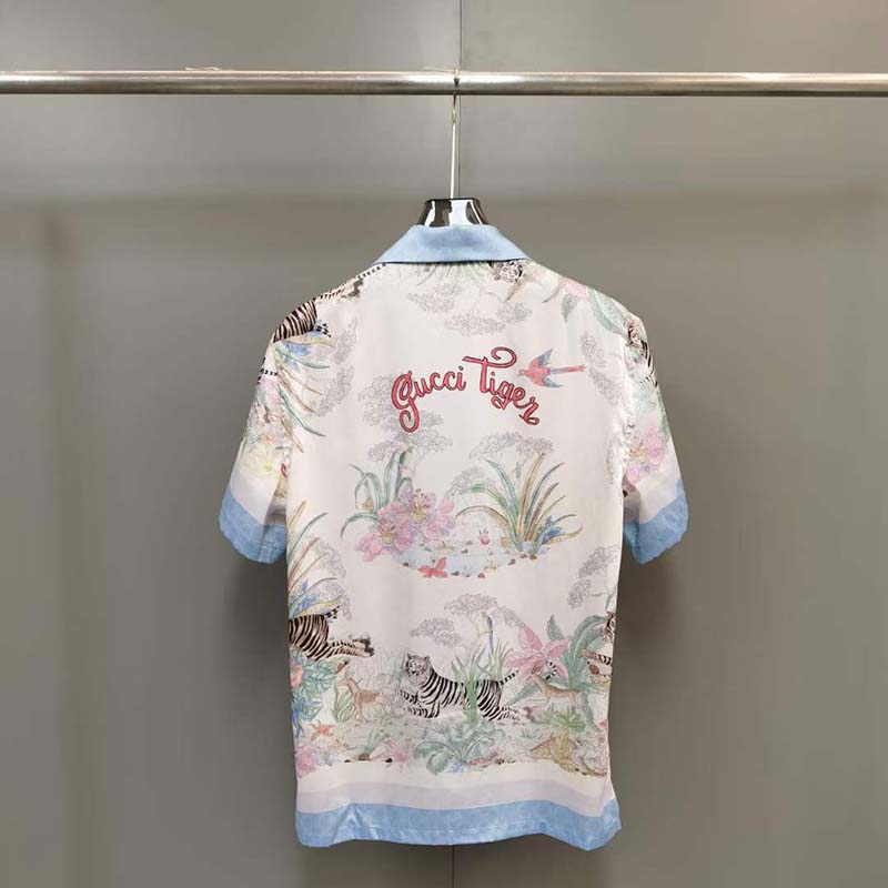 G*u*i gg men tiger bowling shirt flower print ivory silk crepe loose fit
