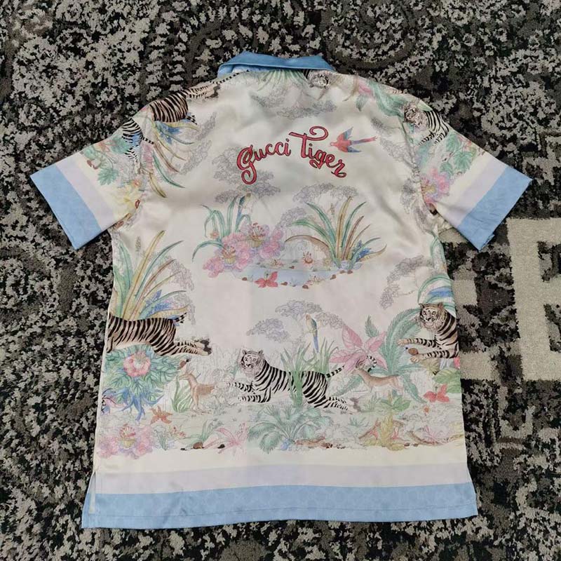 G*u*i gg men tiger bowling shirt flower print ivory silk crepe loose fit