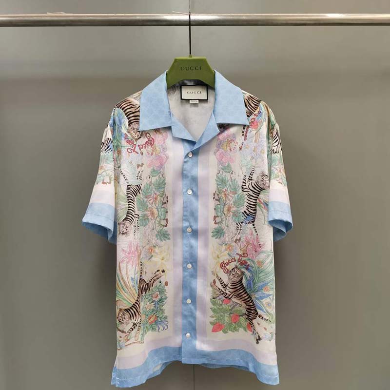 G*u*i gg men tiger bowling shirt flower print ivory silk crepe loose fit
