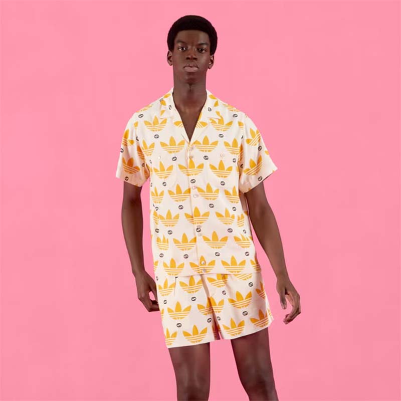 G*u*i gg men adidas x G*u*i trefoil print bowling shirt yellow fully lined viscose