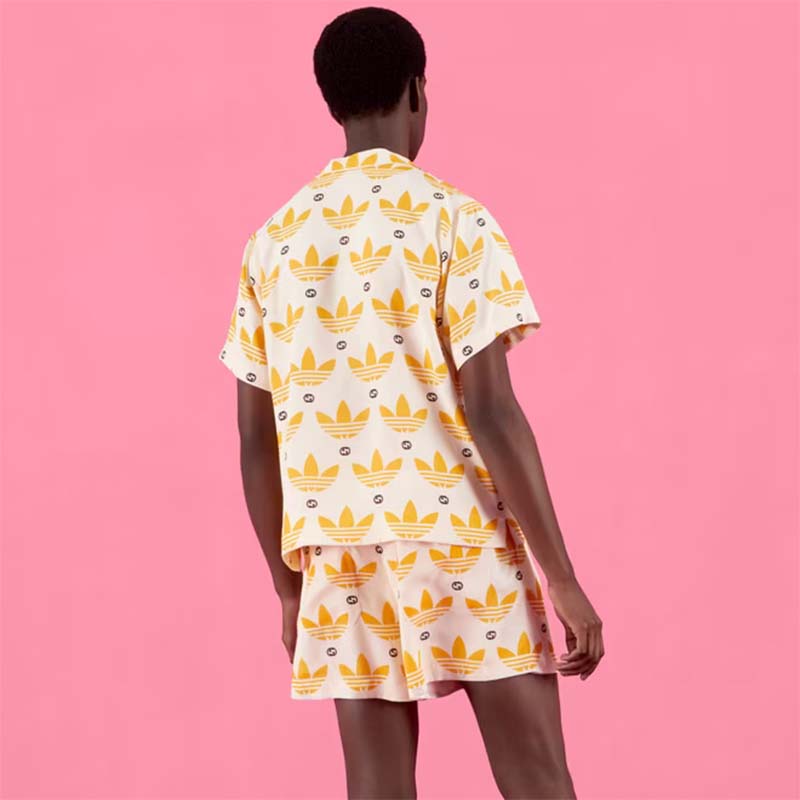 G*u*i gg men adidas x G*u*i trefoil print bowling shirt yellow fully lined viscose