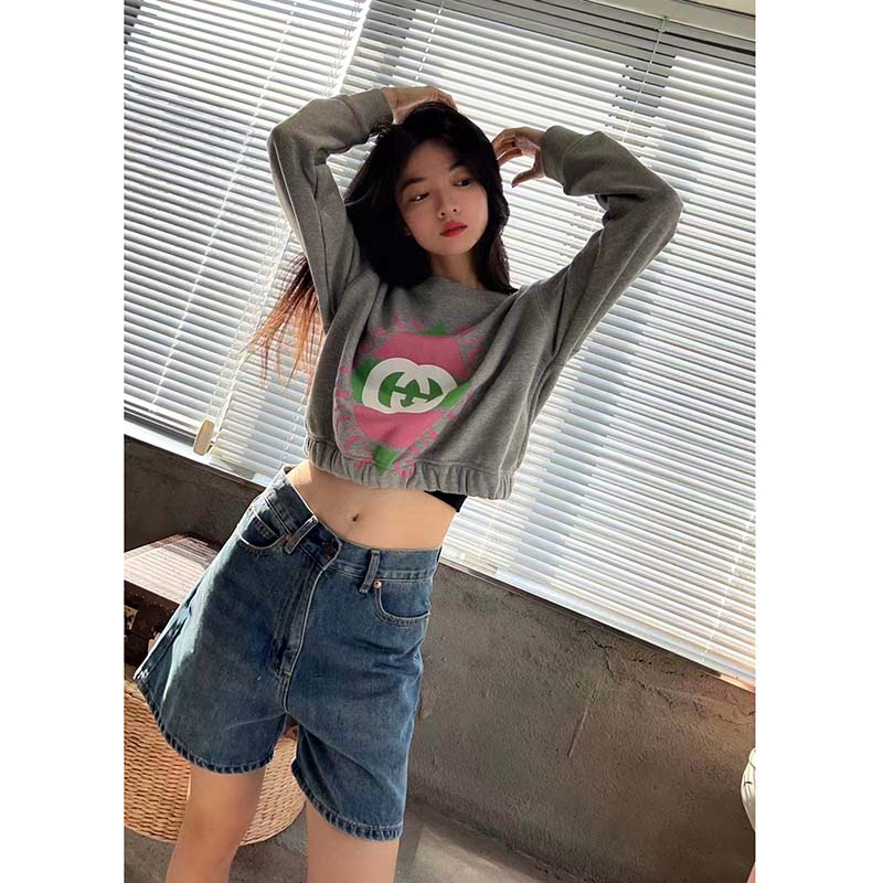 G*u*i gg women cotton jersey sweatshirt grey heavy felted cotton crewneck long sleeves
