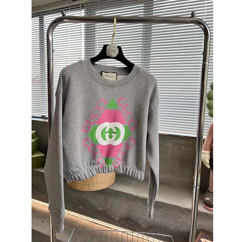 G*u*i gg women cotton jersey sweatshirt grey heavy felted cotton crewneck long sleeves