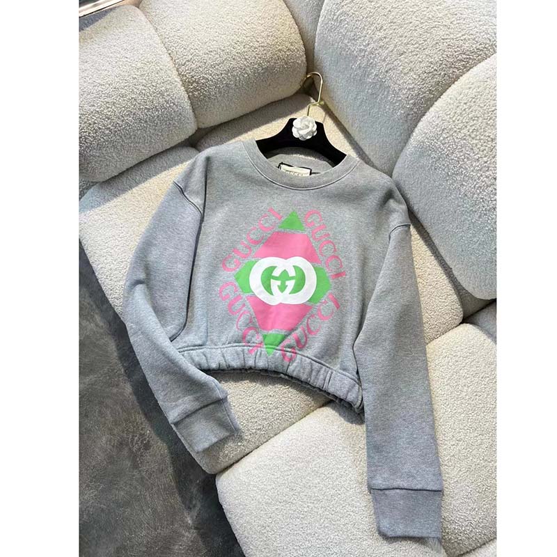 G*u*i gg women cotton jersey sweatshirt grey heavy felted cotton crewneck long sleeves