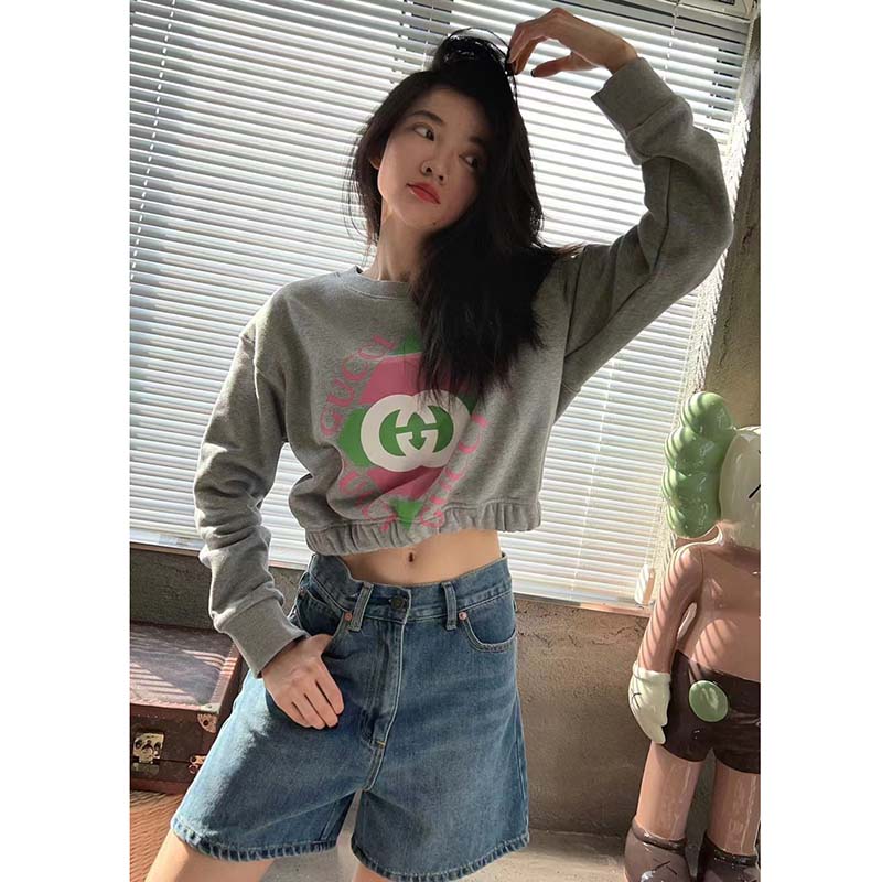 G*u*i gg women cotton jersey sweatshirt grey heavy felted cotton crewneck long sleeves