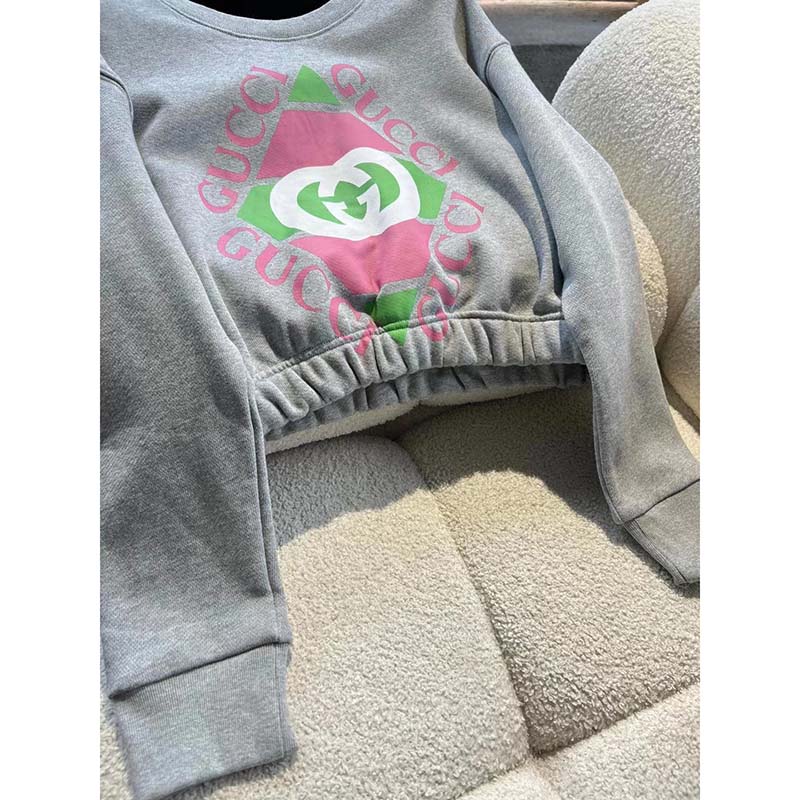G*u*i gg women cotton jersey sweatshirt grey heavy felted cotton crewneck long sleeves