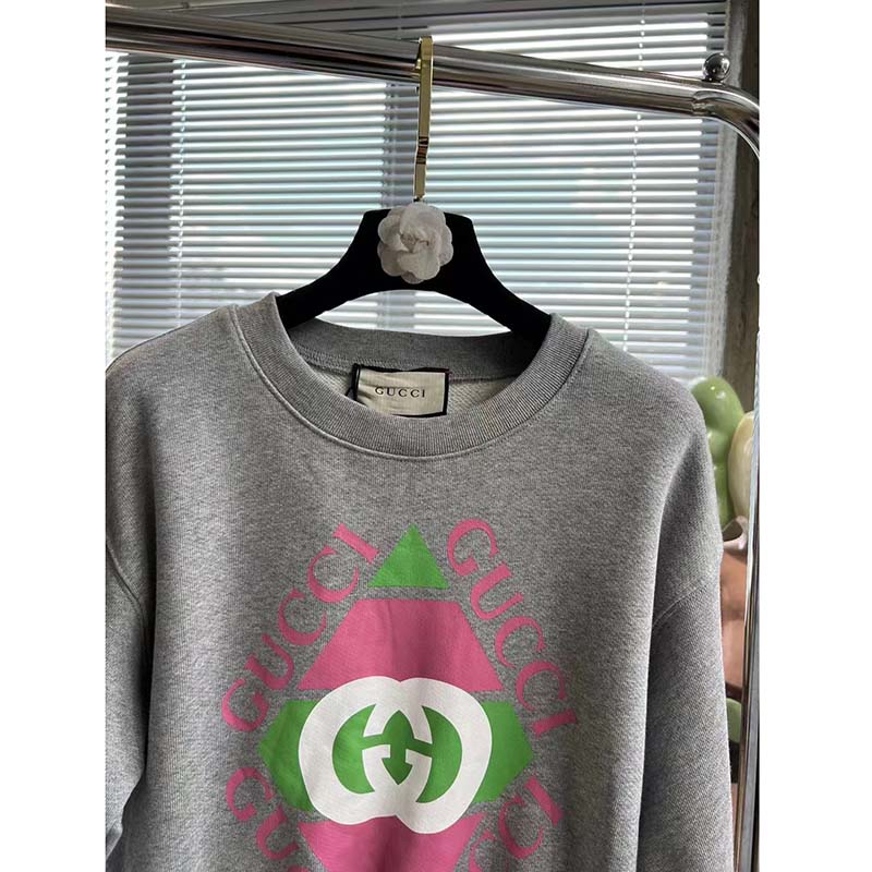 G*u*i gg women cotton jersey sweatshirt grey heavy felted cotton crewneck long sleeves
