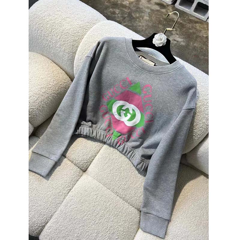 G*u*i gg women cotton jersey sweatshirt grey heavy felted cotton crewneck long sleeves