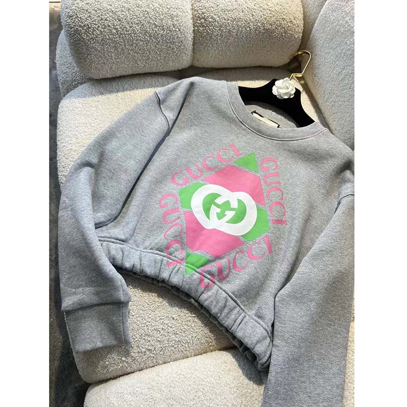 G*u*i gg women cotton jersey sweatshirt grey heavy felted cotton crewneck long sleeves