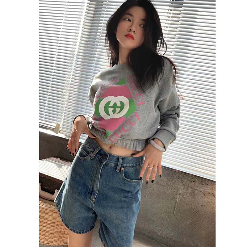 G*u*i gg women cotton jersey sweatshirt grey heavy felted cotton crewneck long sleeves