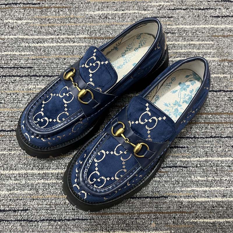G*u*i men jordaan gg velvet loafer blue beige sole flat 1.2 cm heel