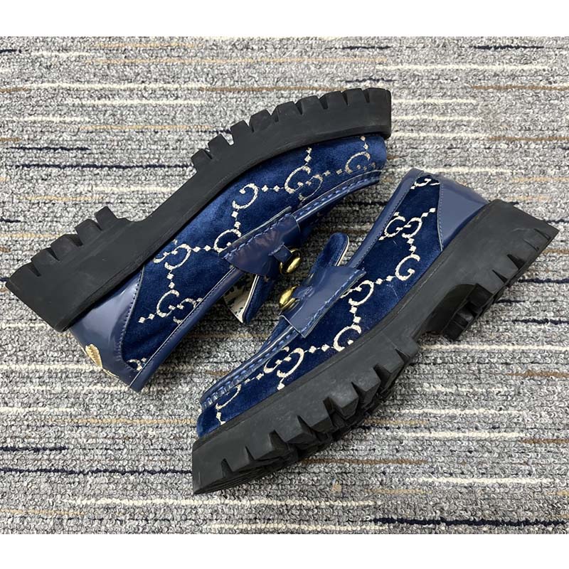 G*u*i men jordaan gg velvet loafer blue beige sole flat 1.2 cm heel