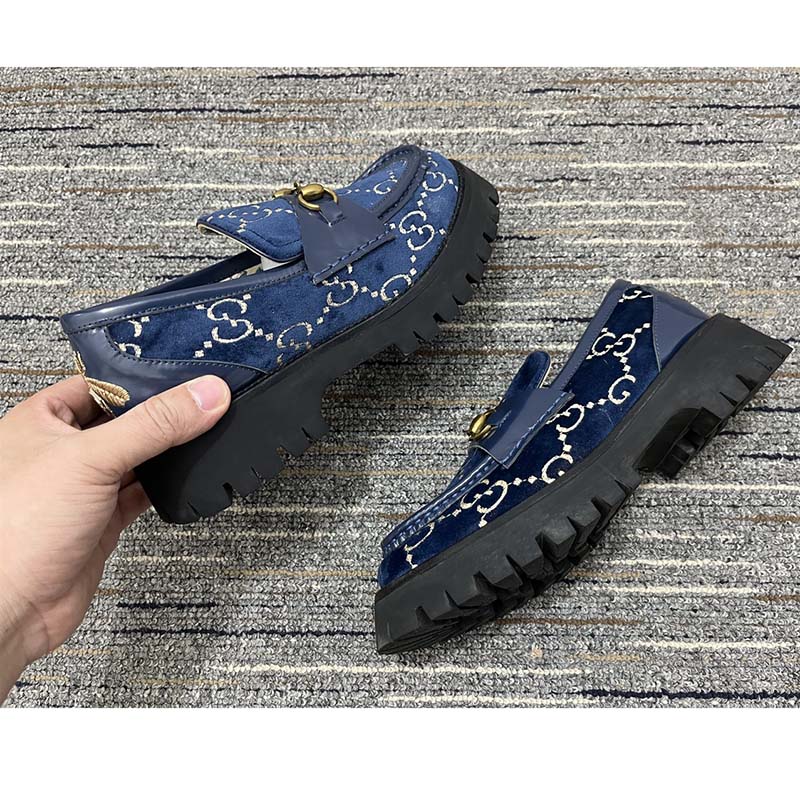 G*u*i men jordaan gg velvet loafer blue beige sole flat 1.2 cm heel