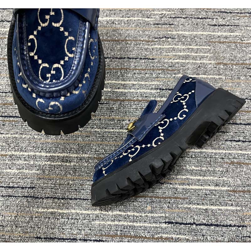 G*u*i men jordaan gg velvet loafer blue beige sole flat 1.2 cm heel