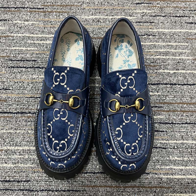 G*u*i men jordaan gg velvet loafer blue beige sole flat 1.2 cm heel