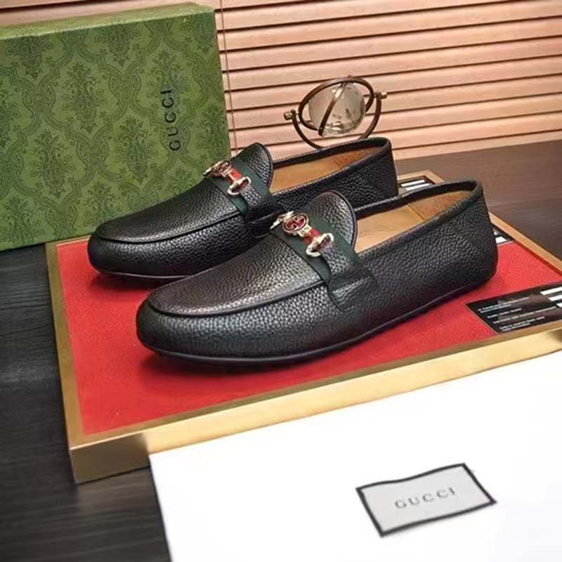 G*u*i men leather driver web black soft calf enameled interlocking g horsebit