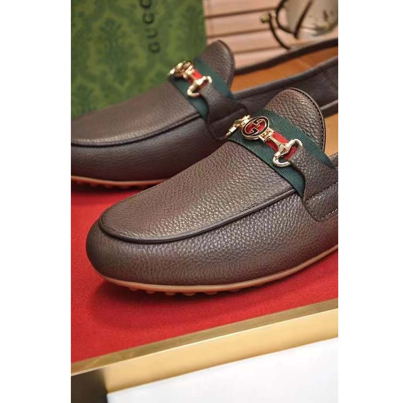 G*u*i men leather driver web cocoa soft calf enameled interlocking g horsebit