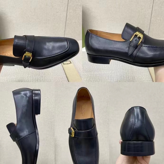 G*u*i men loafer buckle black leather ornamental buckle low 3 cm heel