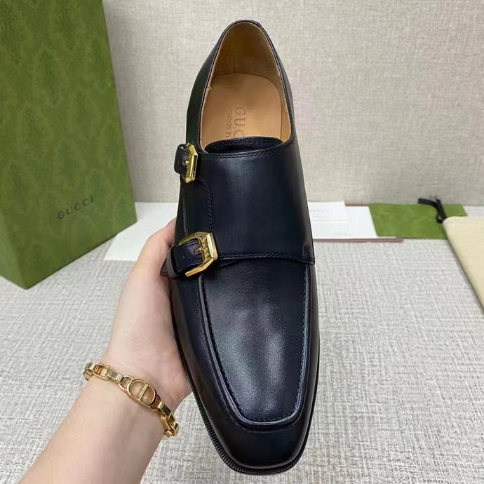 G*u*i men monk strap loafer smooth black leather buckle sole flat 2 cm heel