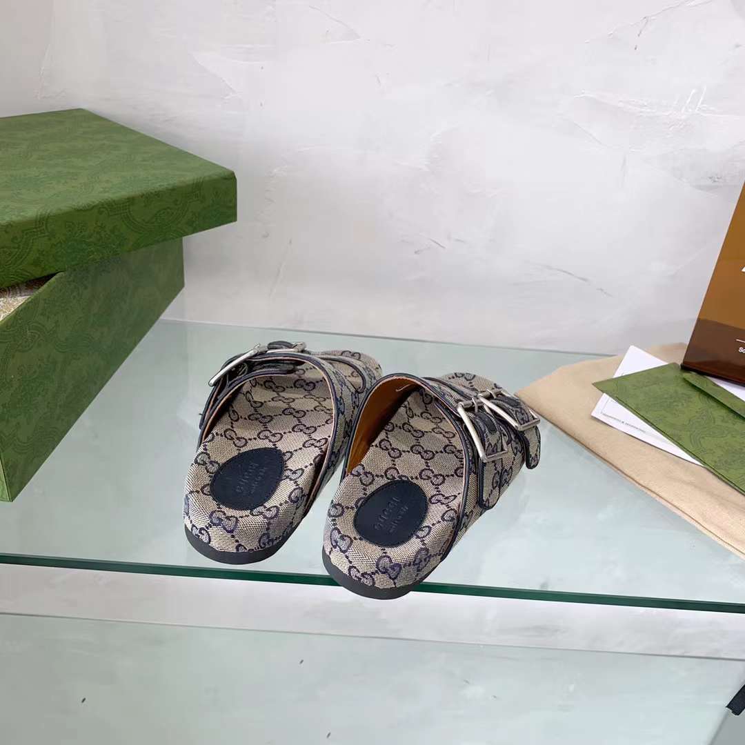 G*u*i unisex gg slide sandal blue beige original gg canvas rubber sole flat
