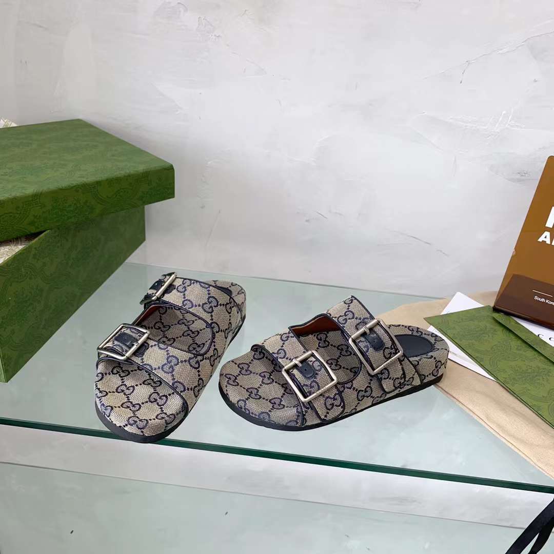 G*u*i unisex gg slide sandal blue beige original gg canvas rubber sole flat