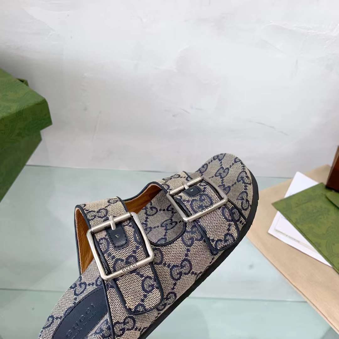 G*u*i unisex gg slide sandal blue beige original gg canvas rubber sole flat