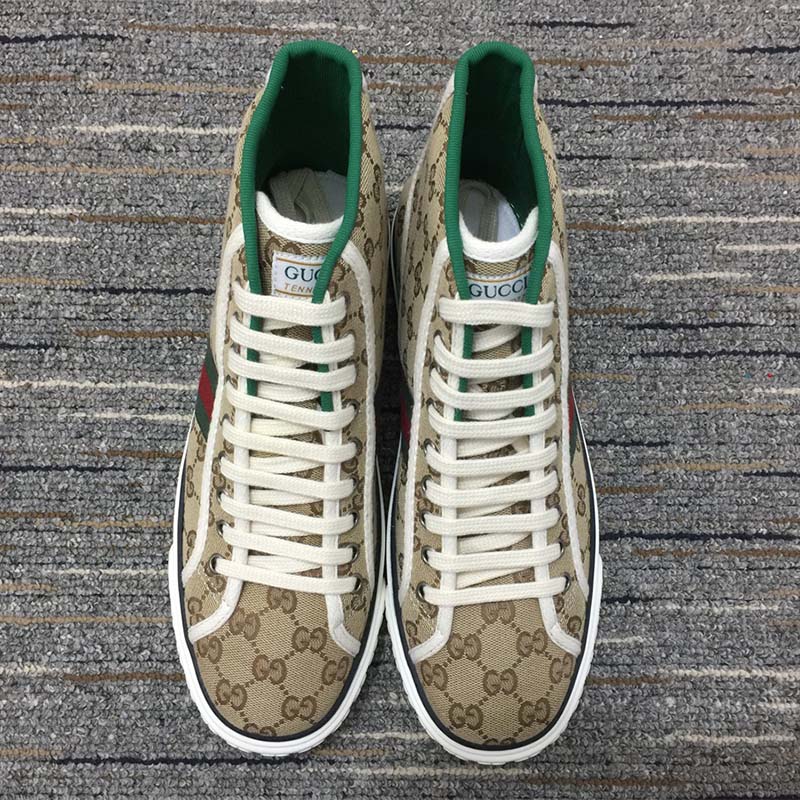 G*u*i unisex tennis 1977 high top sneaker brown rubber sole flat 2 cm heel