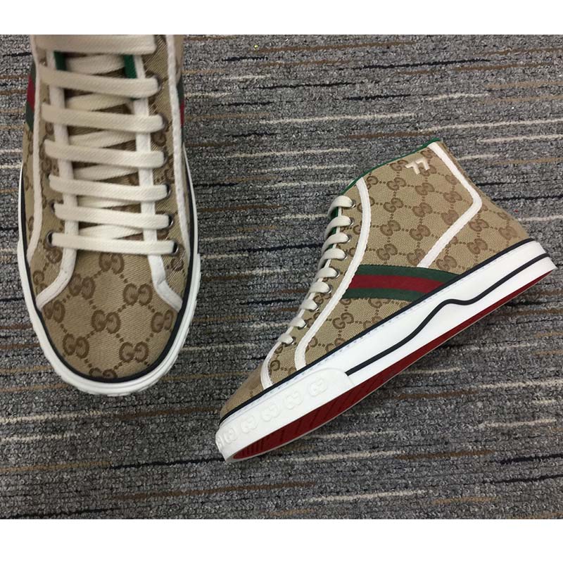 G*u*i unisex tennis 1977 high top sneaker brown rubber sole flat 2 cm heel