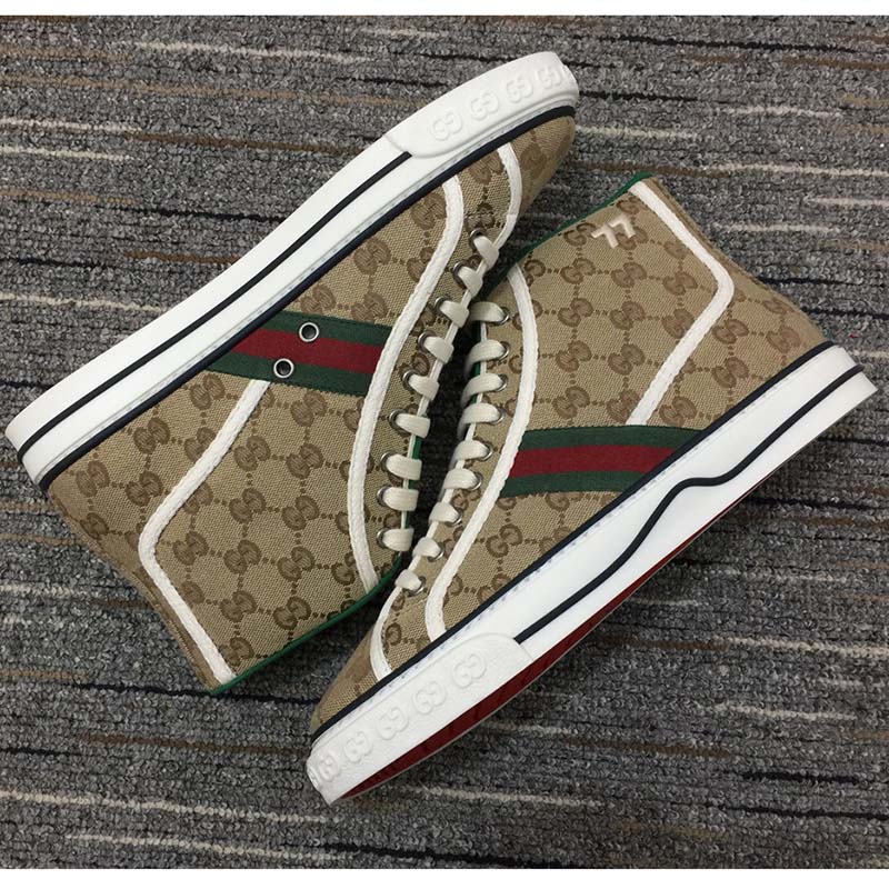G*u*i unisex tennis 1977 high top sneaker brown rubber sole flat 2 cm heel