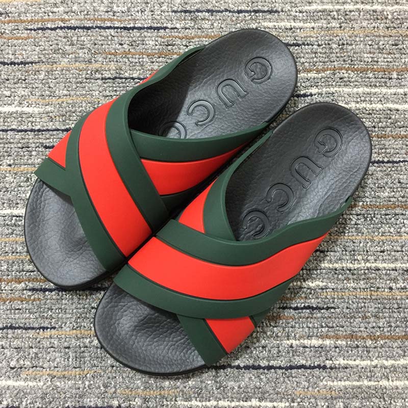 G*u*i unisex web slide sandal green red rubber web rubber sole low heel
