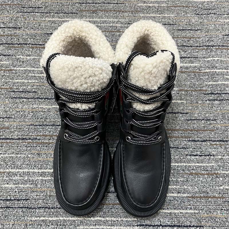 G*u*i women ankle boot stripe black leather merino wool mid 6 cm heel