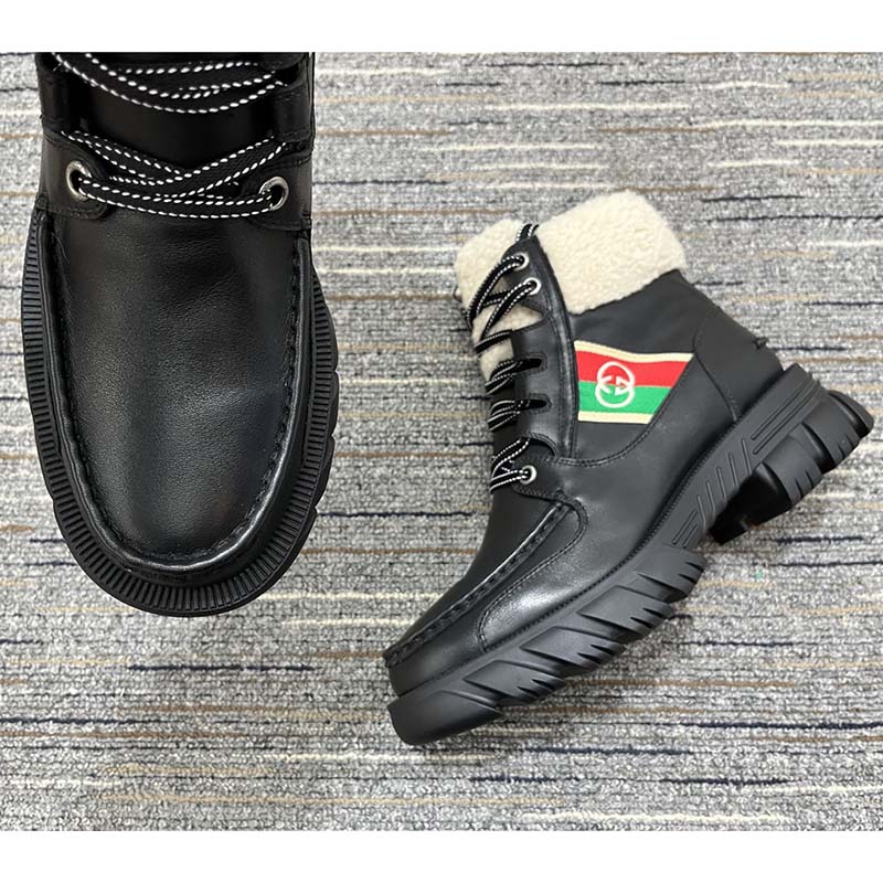 G*u*i women ankle boot stripe black leather merino wool mid 6 cm heel