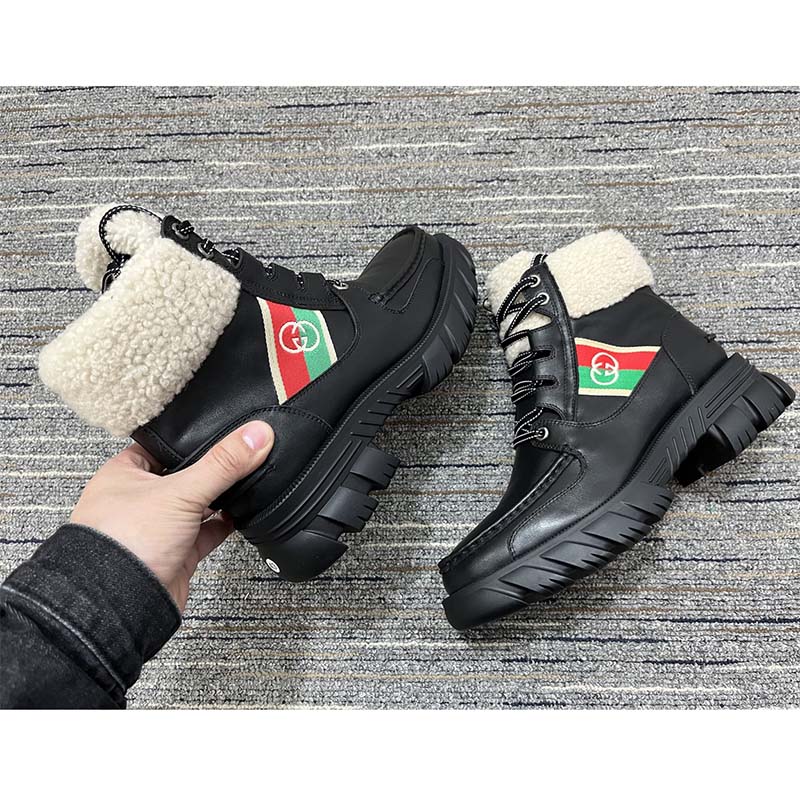 G*u*i women ankle boot stripe black leather merino wool mid 6 cm heel