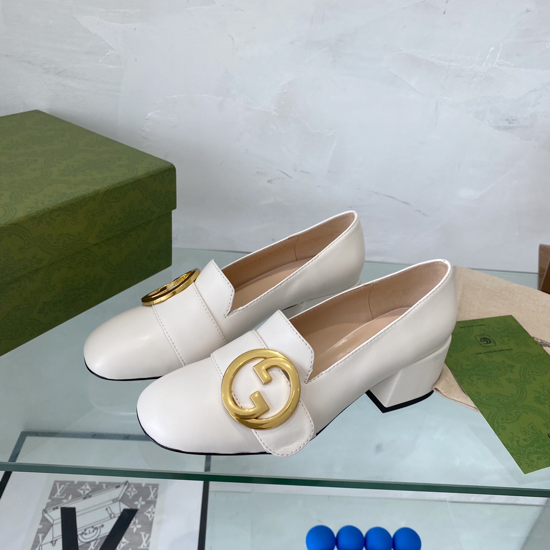 G*u*i women blonde mid-heel pump white leather round interlocking g