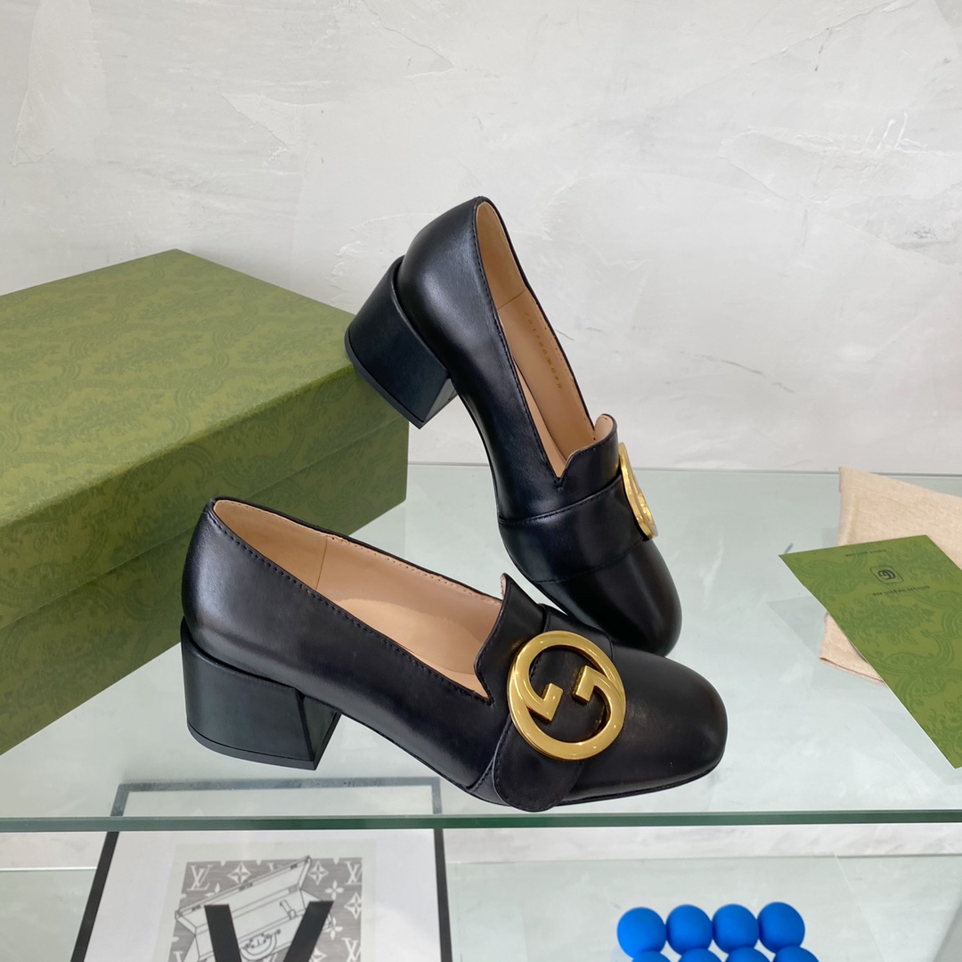 G*u*i women blondie mid-heel pump black leather round interlocking g