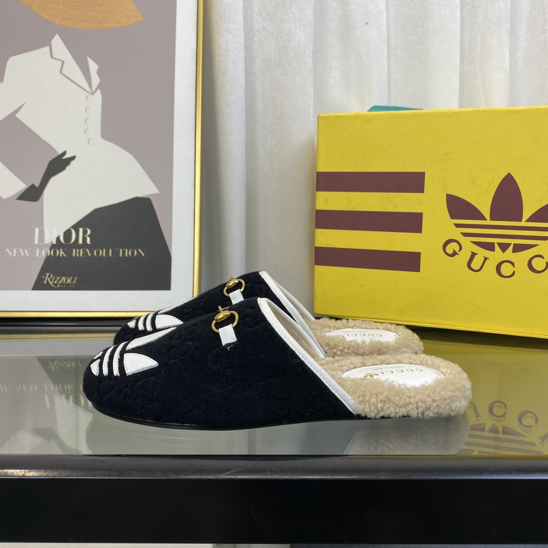 G*u*i women gg adidas x G*u*i women’s trefoil slipper black suede flat
