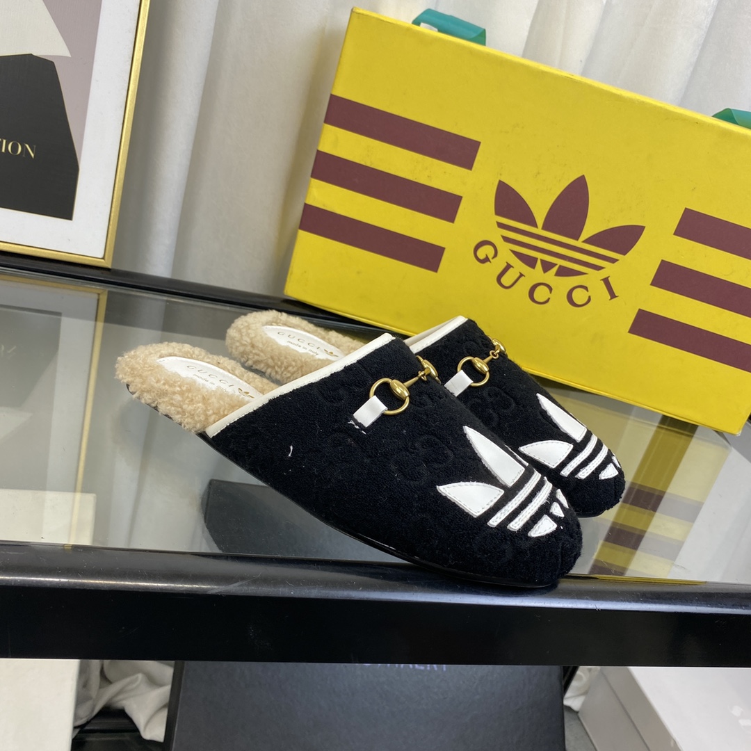 G*u*i women gg adidas x G*u*i women’s trefoil slipper black suede flat