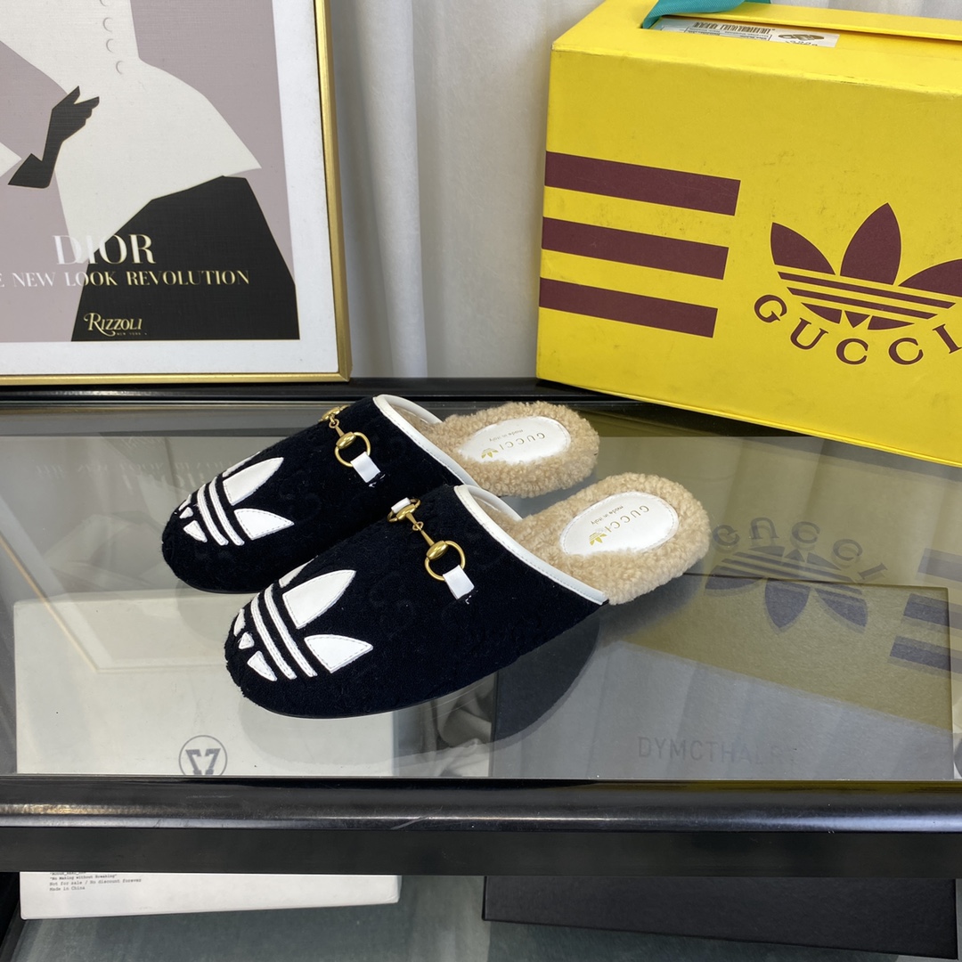 G*u*i women gg adidas x G*u*i women’s trefoil slipper black suede flat