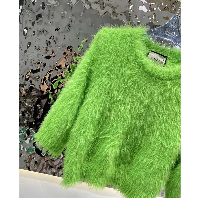 G*u*i women gg brushed wool knit sweater bright green long sleeves crewneck