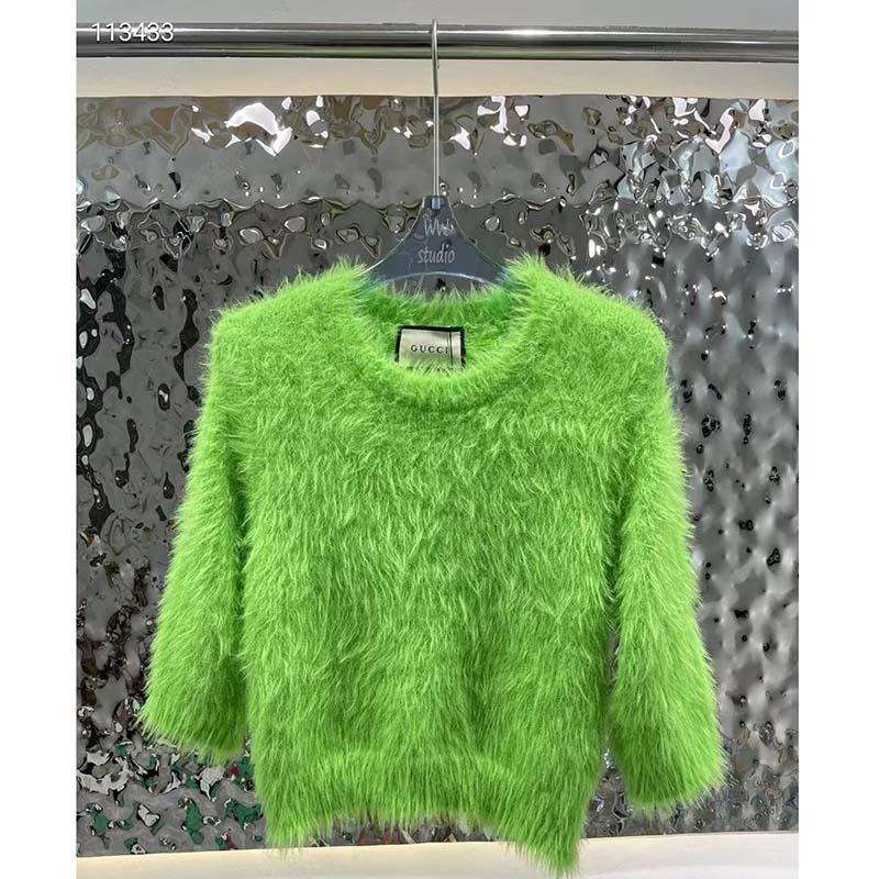 G*u*i women gg brushed wool knit sweater bright green long sleeves crewneck