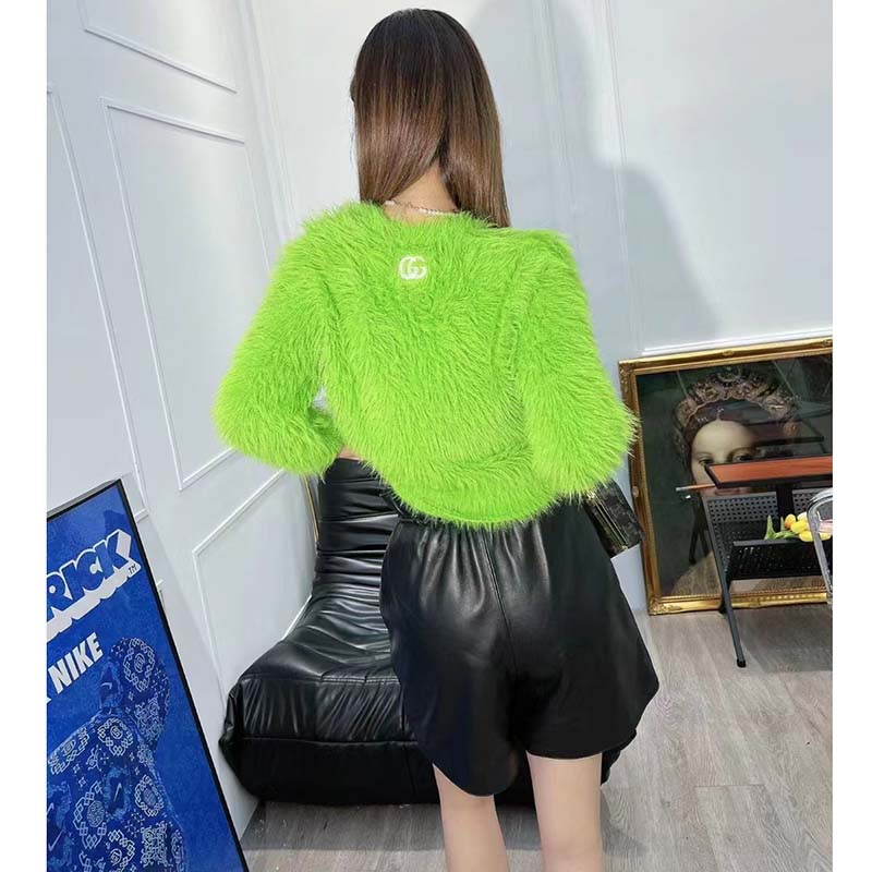 G*u*i women gg brushed wool knit sweater bright green long sleeves crewneck