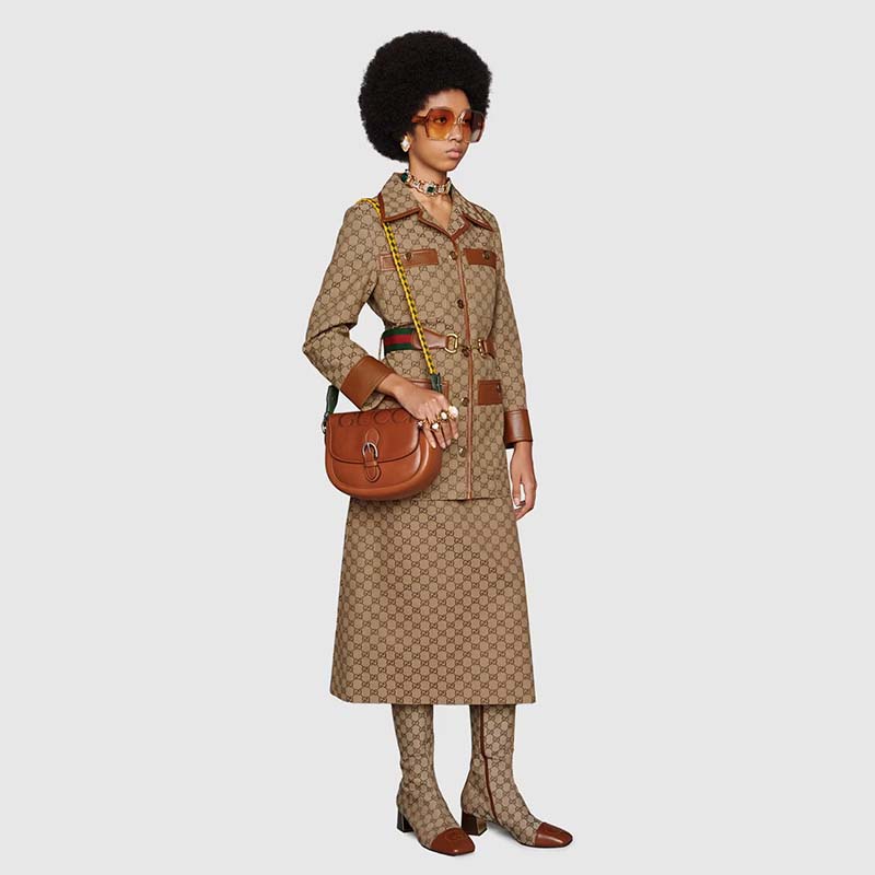G*u*i women gg canvas jacket web belt cotton camel ebony point collar