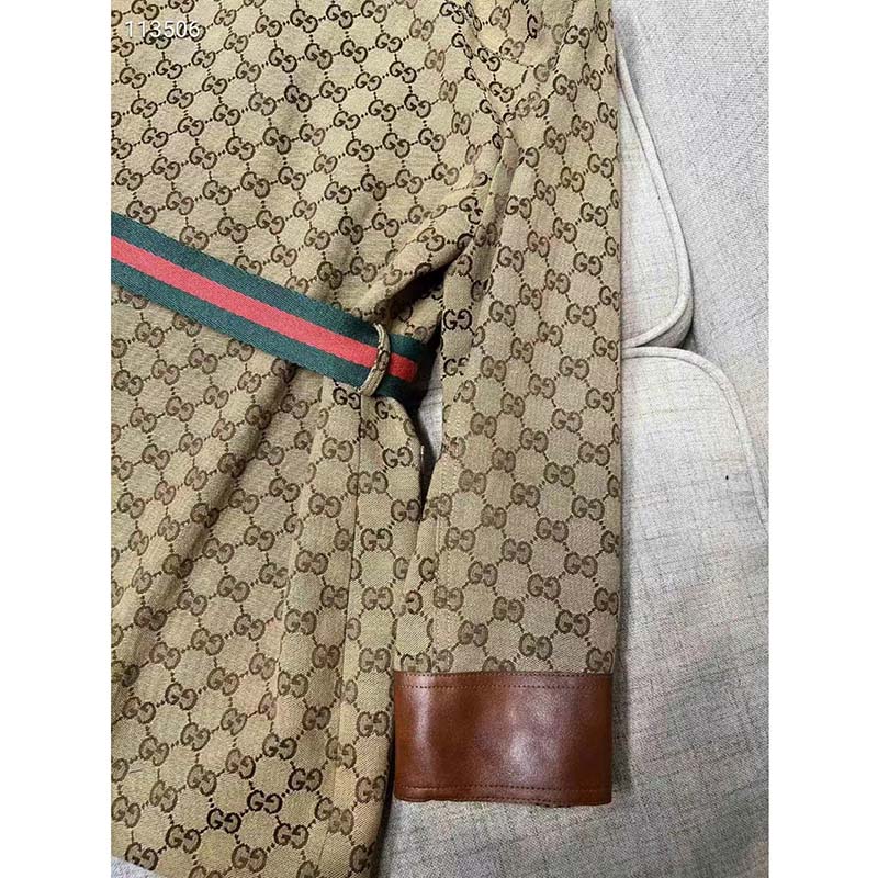 G*u*i women gg canvas jacket web belt cotton camel ebony point collar