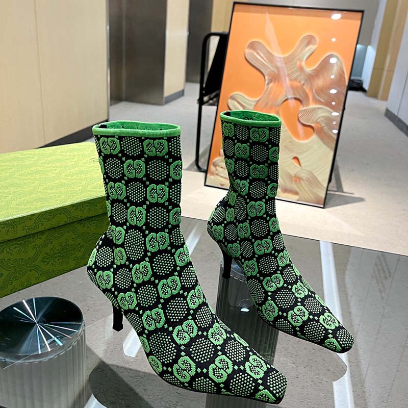 G*u*i women gg knit ankle boots black green gg technical fabric leather mid-heel