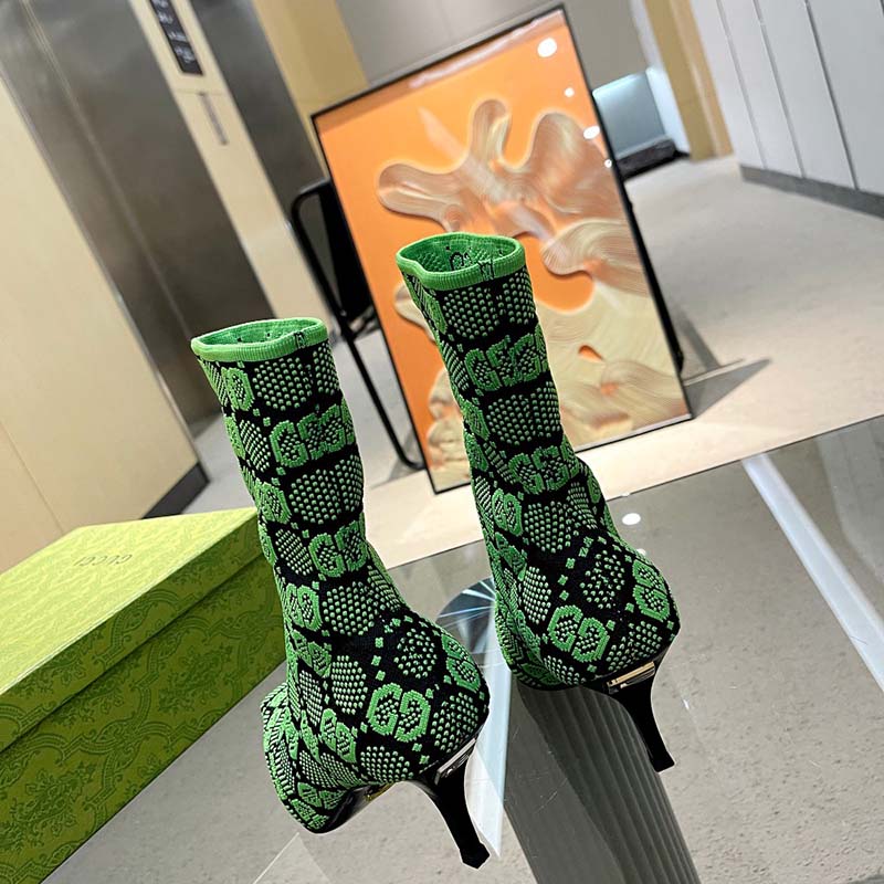 G*u*i women gg knit ankle boots black green gg technical fabric leather mid-heel